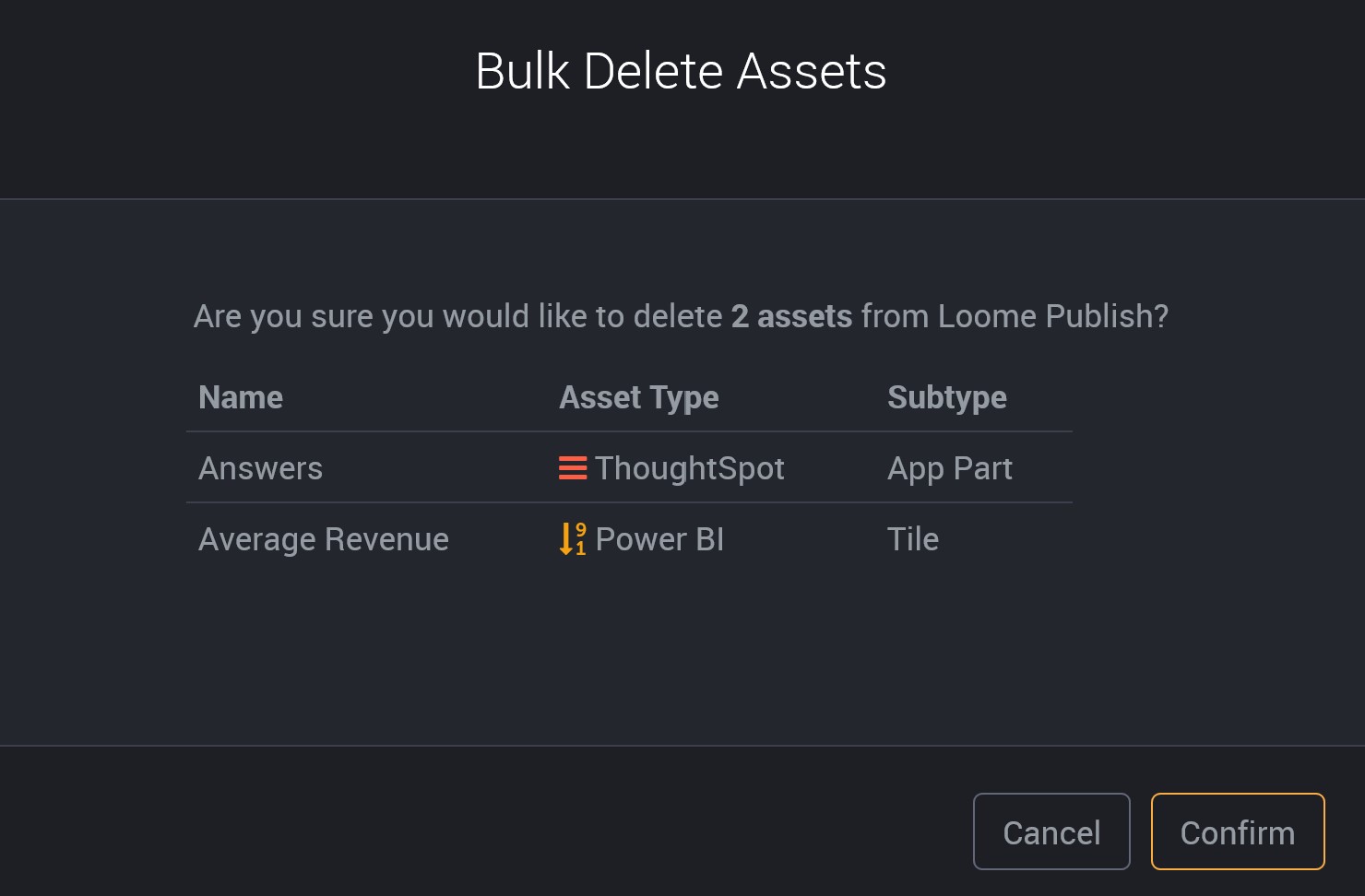 Confirm to delete assets